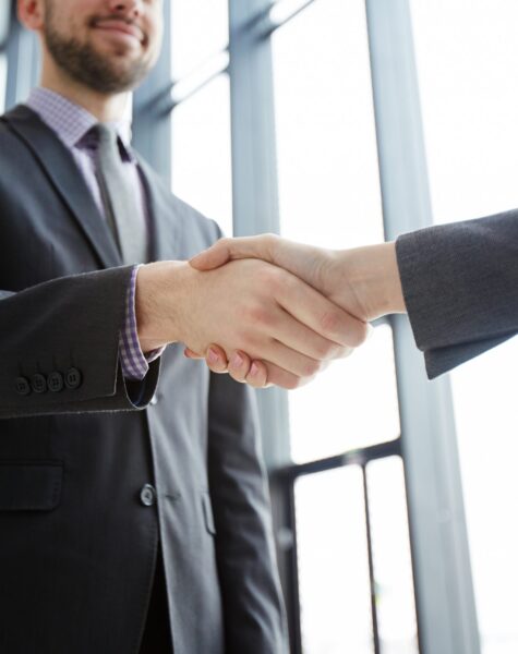 Handshake of successful business partners in formalwear after making agreement